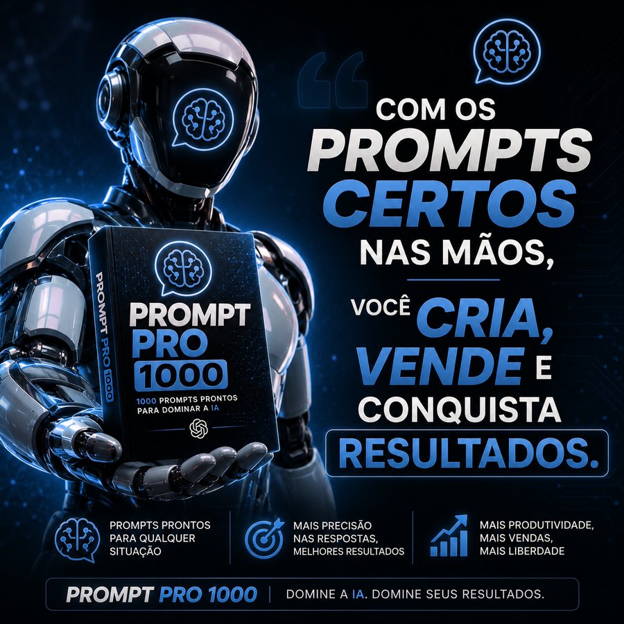 Robô segurando a caixa do Prompt Pro 1000 — biblioteca de prompts para Inteligência Artificial